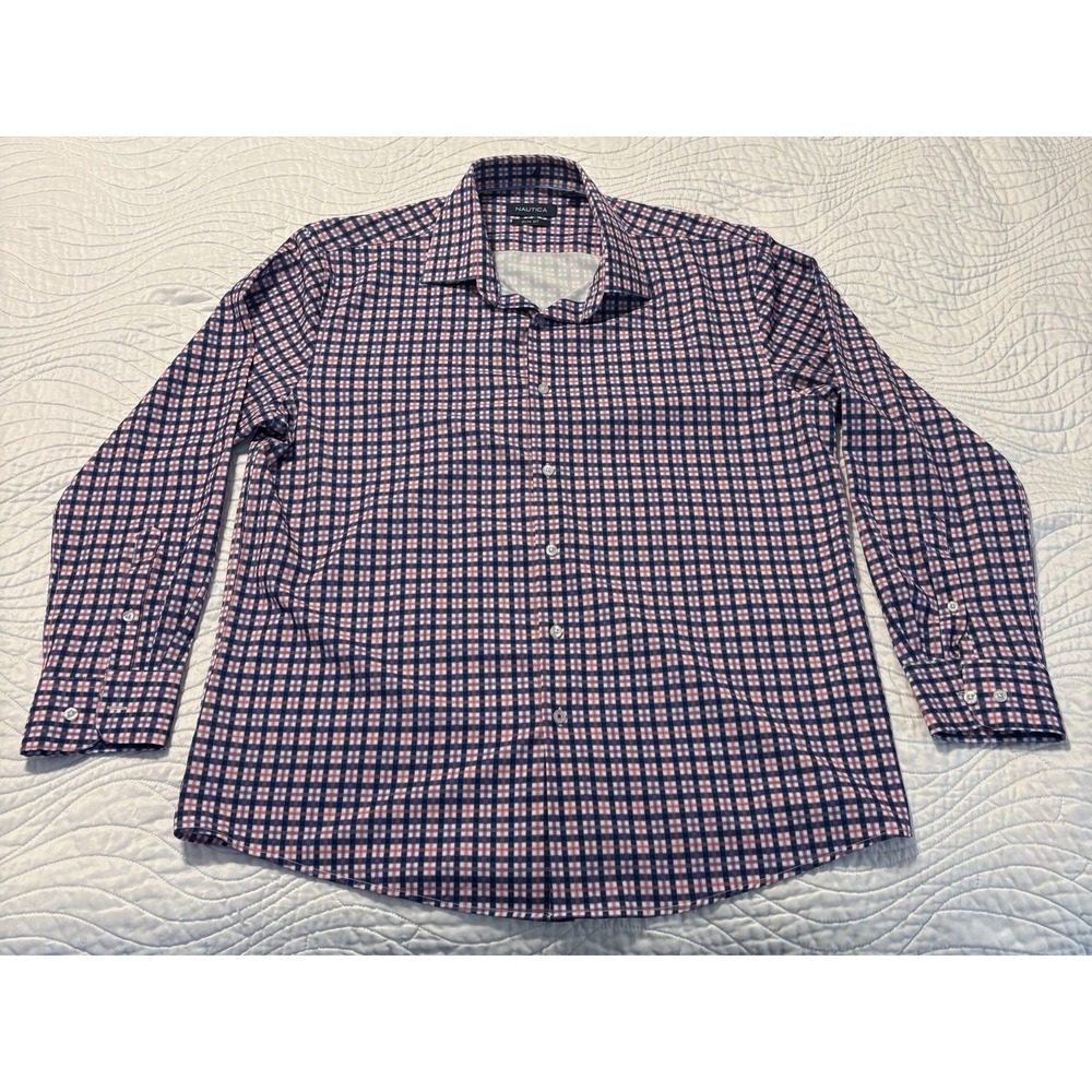 Nautica Men's Large Slim Fit Button Down Shirt Red Blue Check Long Sleev